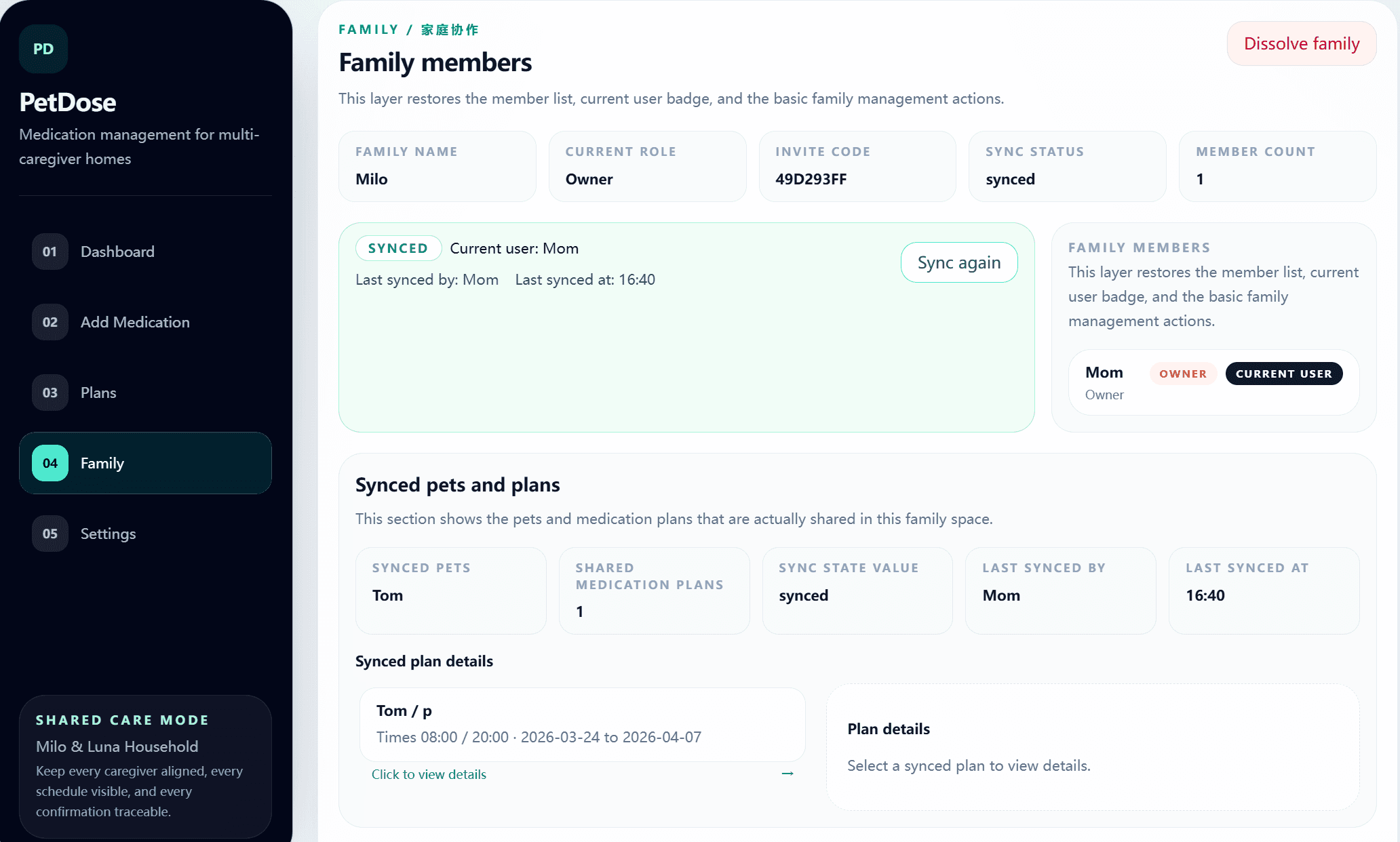 PetDose family collaboration screen showing shared pet medication status across caregivers